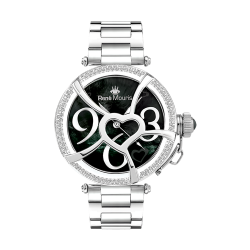 René Mouris Coeur d'Amour 50103RM3 women's watch, silver, black dial, crystal bezel – front view