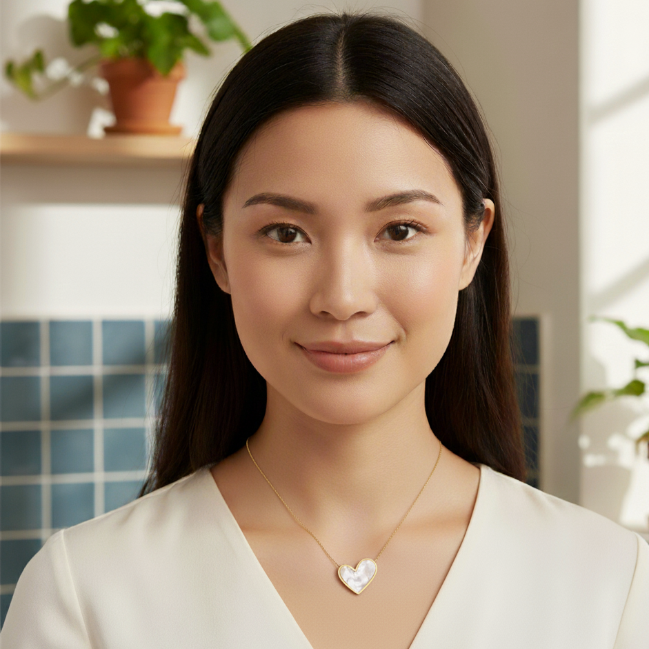 "Heart" Necklace, 18K Gold Plated Steel White