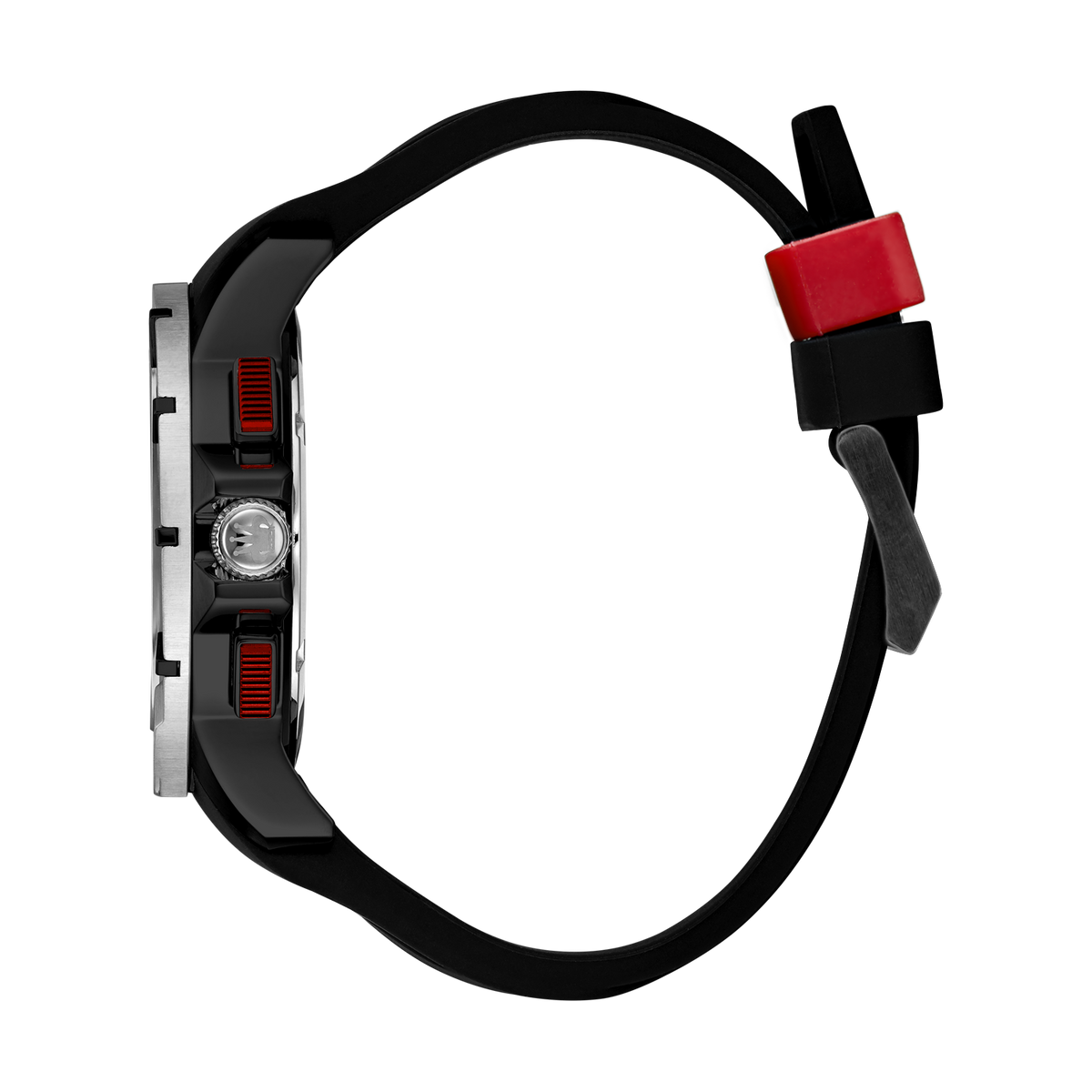 René Mouris Infinité 90121RM3 men's watch, black PVD, black dial, red accents – side profile