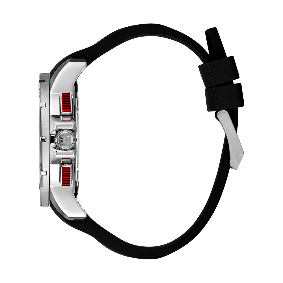 René Mouris Infinité 90121RM4 men's watch, silver, white dial, black silicone strap – side profile
