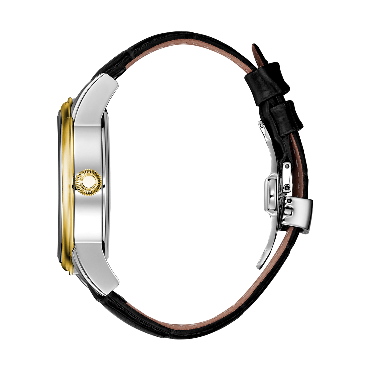 René Mouris Orion 70101RM4 men's automatic watch, gold with white dial and black leather strap – side profile