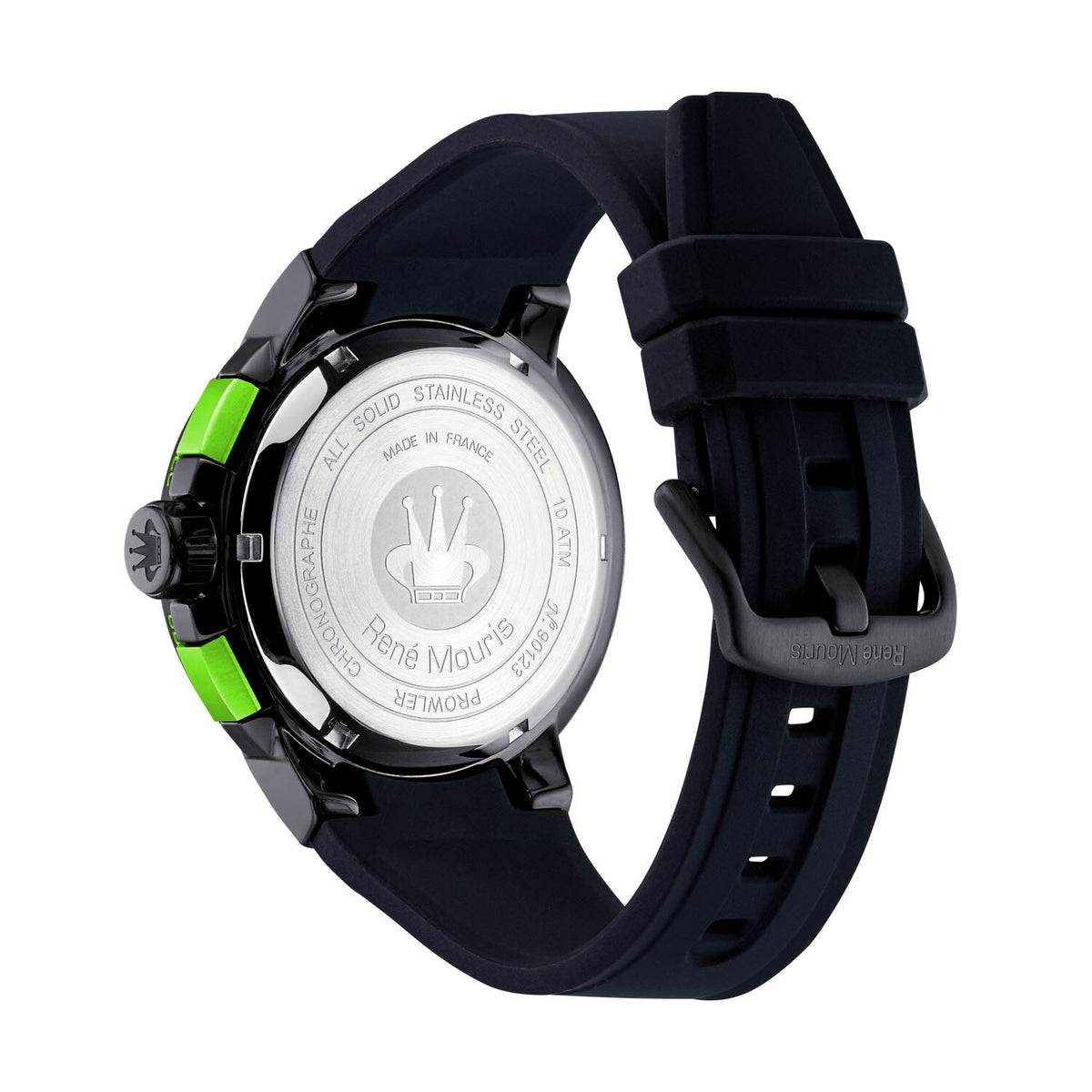 René Mouris Prowler 90123RM4 men's watch, black, green accents – case back