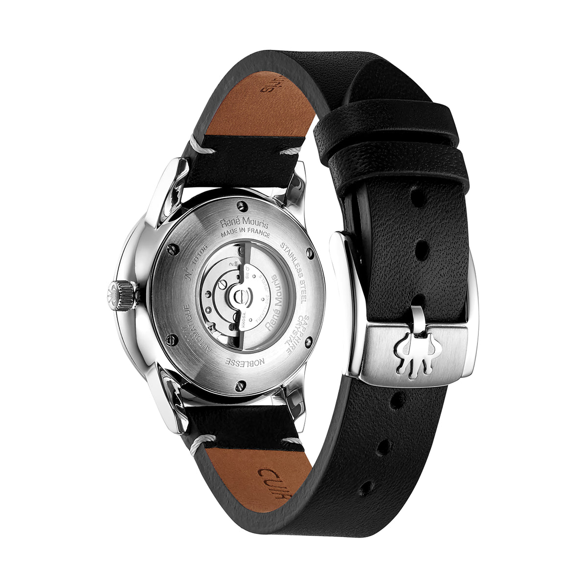 René Mouris Noblesse 10106RM1 men's watch, silver, white dial, black leather strap – case back