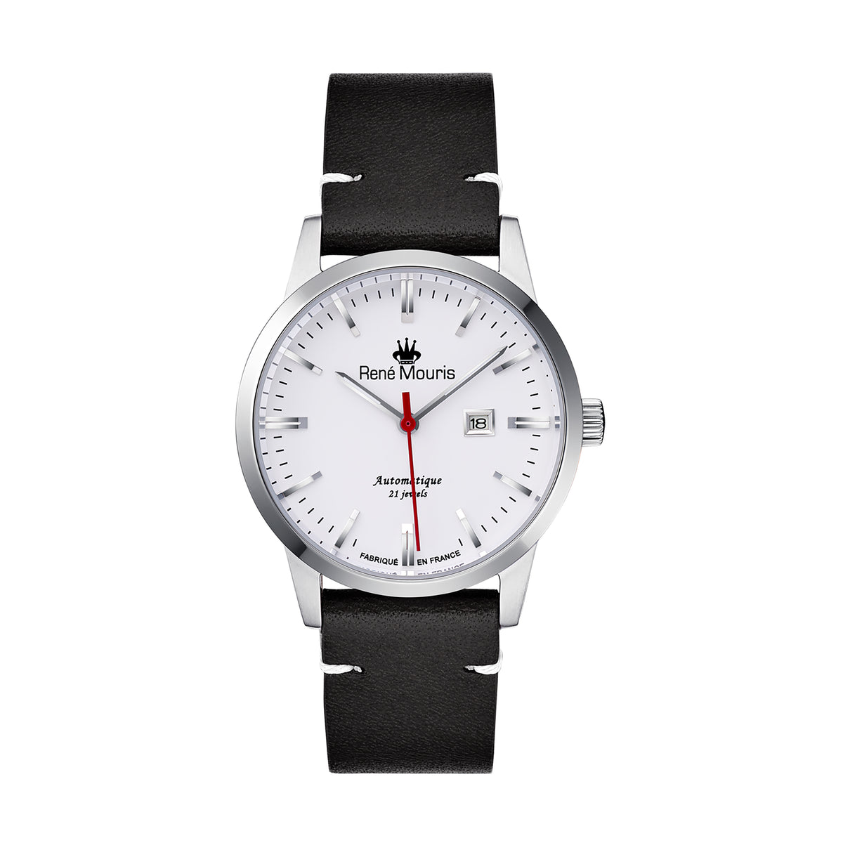 René Mouris Noblesse 10106RM1 men's watch, silver, white dial, black leather strap – front view