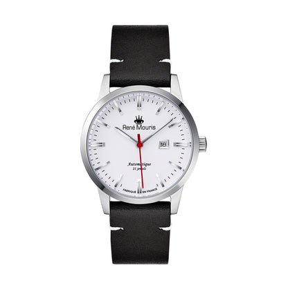 René Mouris Noblesse 10106RM1 men's watch, silver, white dial, black leather strap – front view