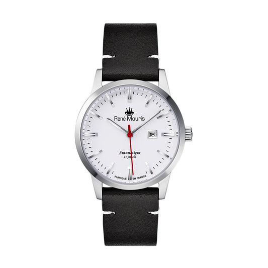 René Mouris Noblesse 10106RM1 men's watch, silver, white dial, black leather strap – front view
