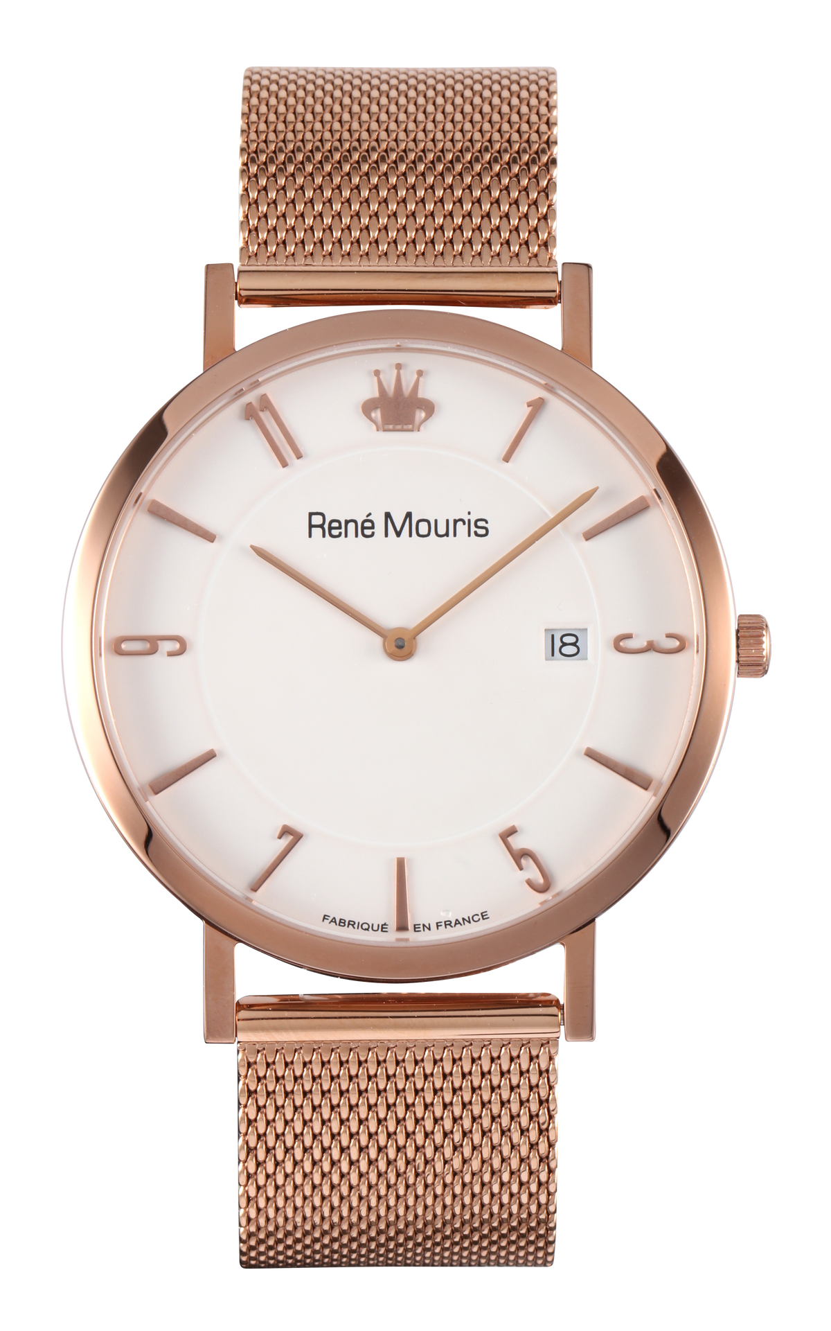 René Mouris L'Emporter 80104ME006 men's watch, rose gold, white dial, mesh bracelet – front view