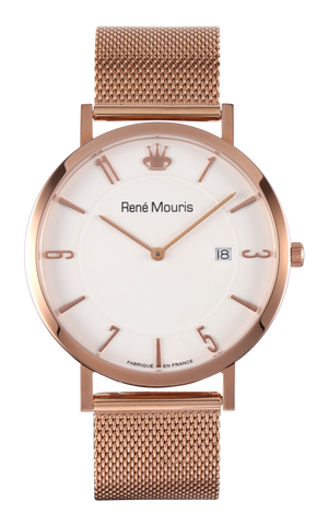 René Mouris L'Emporter 80104ME006 men's watch, rose gold, white dial, mesh bracelet – front view