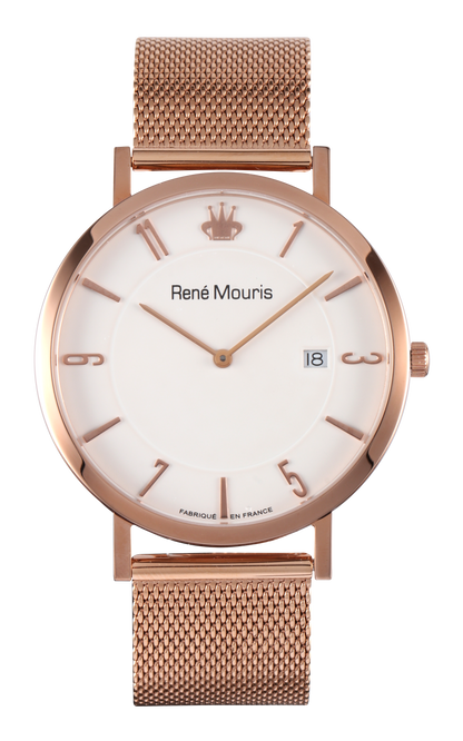 René Mouris L'Emporter 80104ME006 men's watch, rose gold, white dial, mesh bracelet – front view