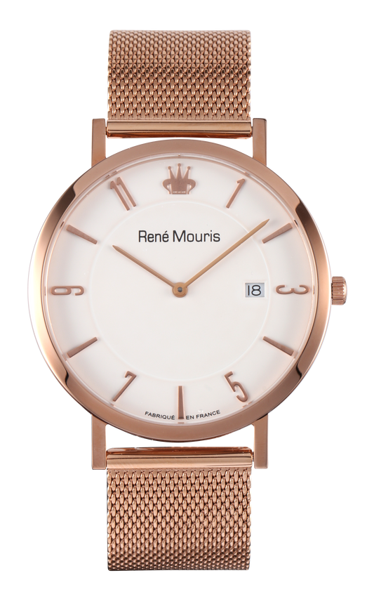 René Mouris L'Emporter 80104ME006 men's watch, rose gold, white dial, mesh bracelet – front view