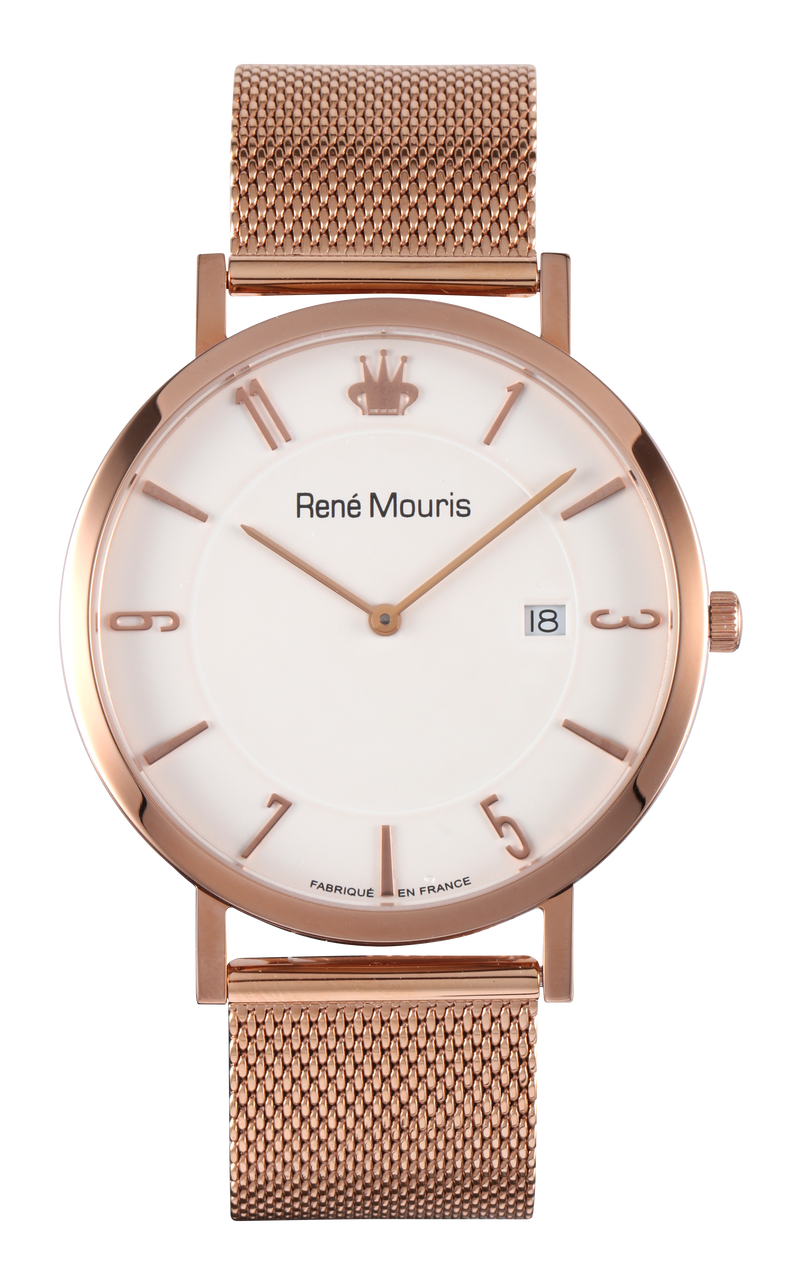 René Mouris L'Emporter 80104ME006 men's watch, rose gold, white dial, mesh bracelet – front view