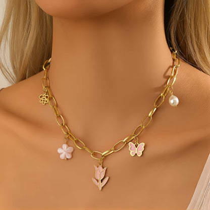 "Flowers" Necklace, 18K Gold Plated Steel