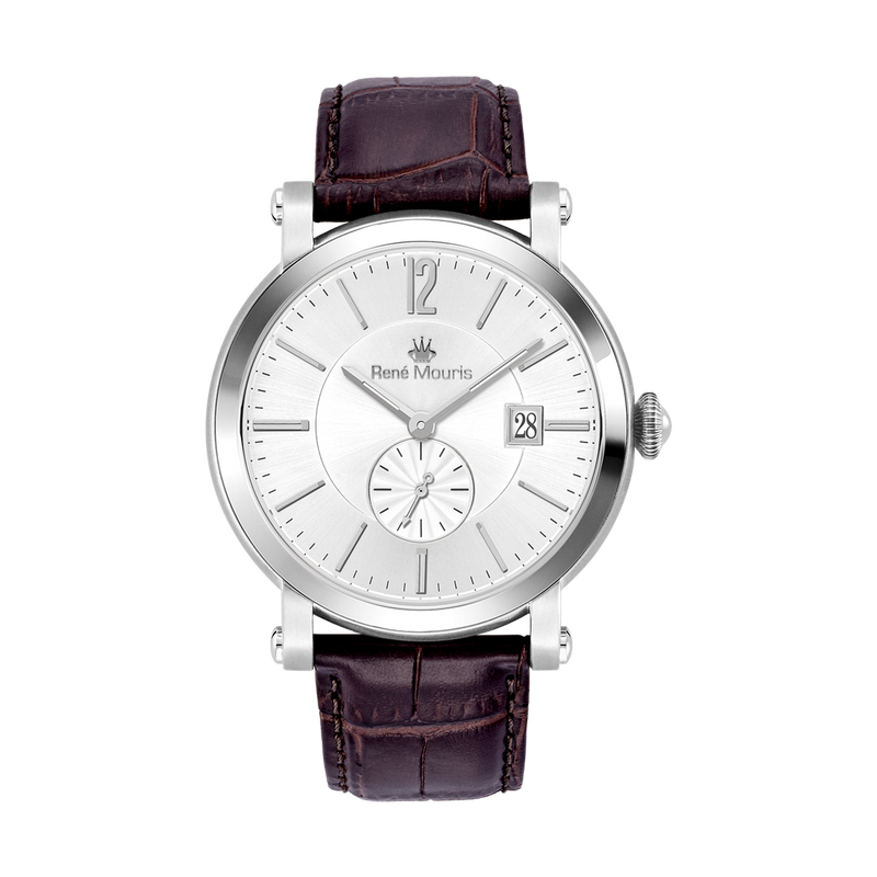 René Mouris Ambassador 80103RM1 men's watch, silver, white dial, burgundy leather strap – front view