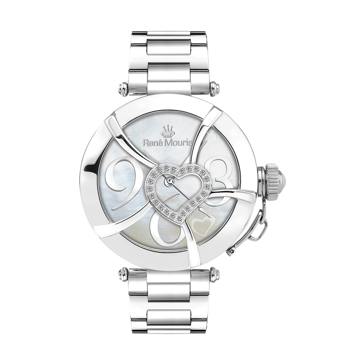 René Mouris Coeur d'Amour 50102RM1 women's watch, silver, white mother-of-pearl heart dial – front view