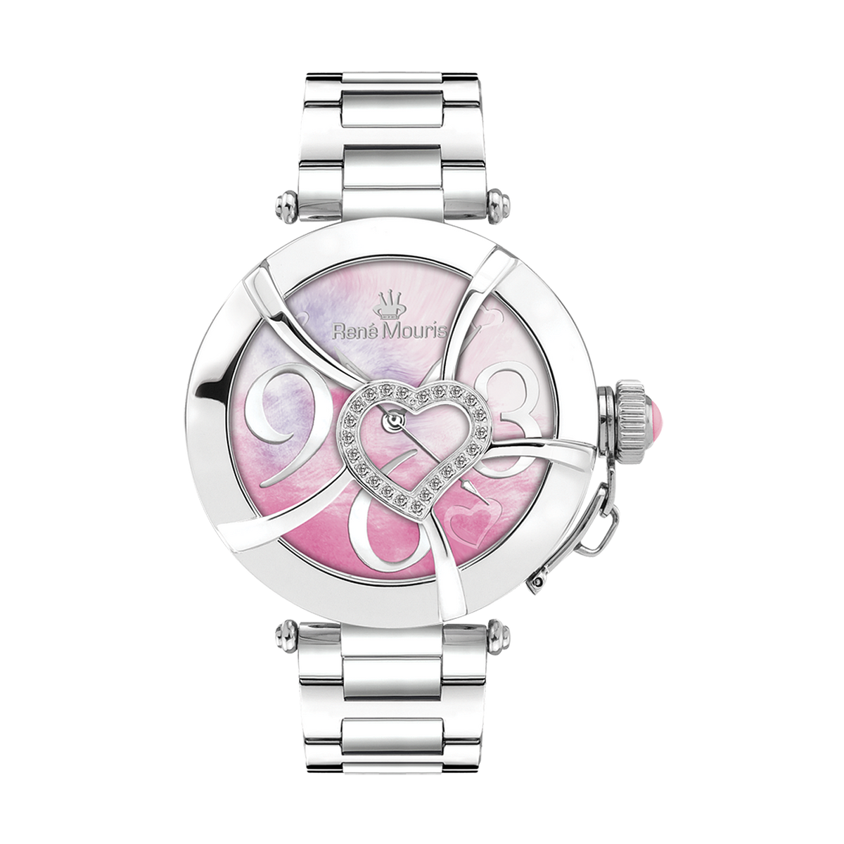 René Mouris Coeur d'Amour 50102RM2 women's watch, silver, pink mother-of-pearl heart dial – front view