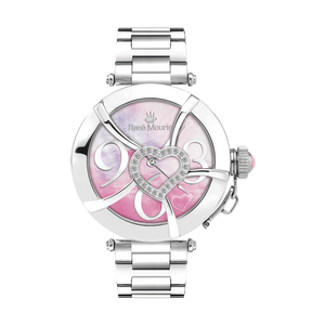 René Mouris Coeur d'Amour 50102RM2 women's watch, silver, pink mother-of-pearl heart dial – front view