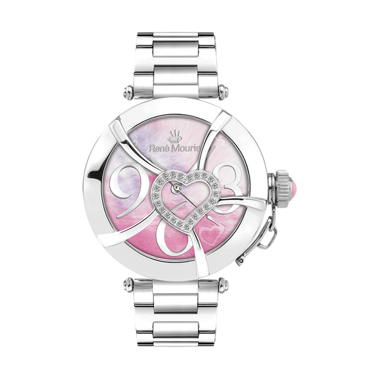 René Mouris Coeur d'Amour 50102RM2 women's watch, silver, pink mother-of-pearl heart dial – front view