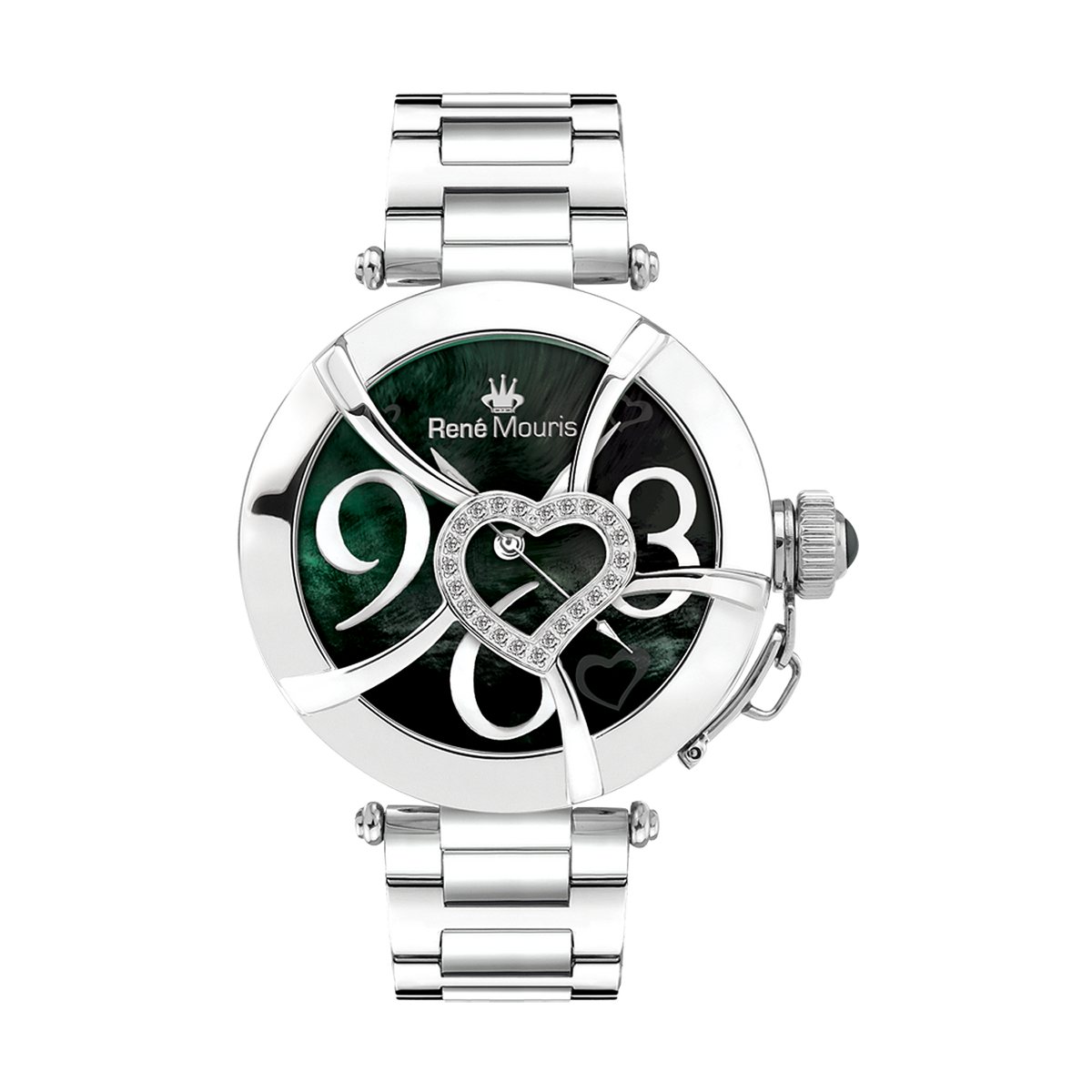 René Mouris Coeur d'Amour 50102RM3 women's watch, silver, black mother-of-pearl heart dial – front view