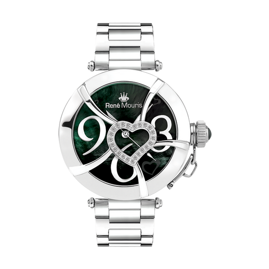 René Mouris Coeur d'Amour 50102RM3 women's watch, silver, black mother-of-pearl heart dial – front view