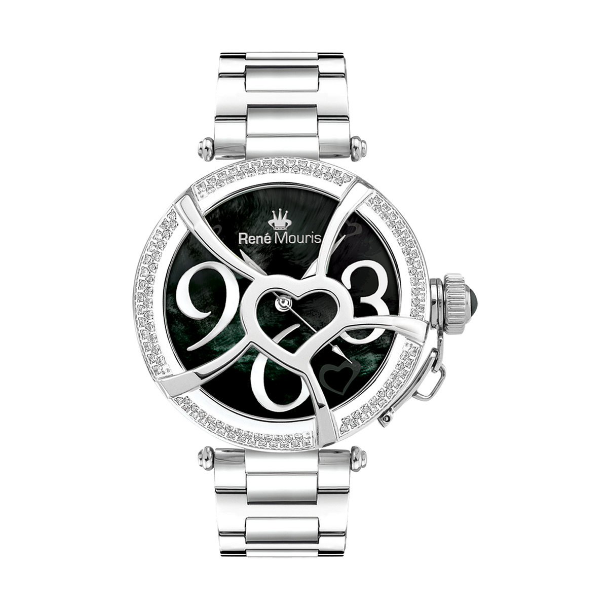 René Mouris Coeur d'Amour 50103RM3 women's watch, silver, black dial, crystal bezel – front view