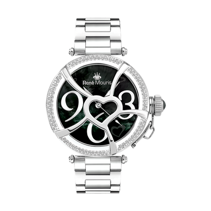 René Mouris Coeur d'Amour 50103RM3 women's watch, silver, black dial, crystal bezel – front view