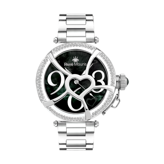 René Mouris Coeur d'Amour 50103RM3 women's watch, silver, black dial, crystal bezel – front view