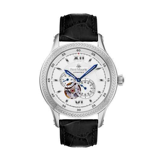 René Mouris Corona 70105RM1 men's automatic watch, silver with white dial and black leather strap – front view