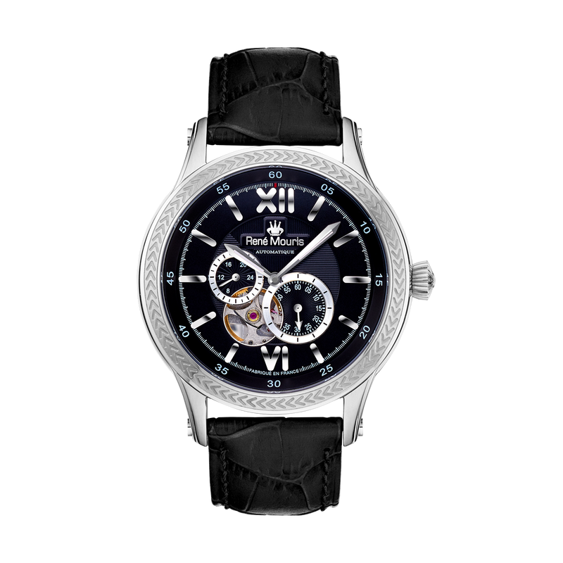 René Mouris Corona 70105RM2 men's automatic watch, silver with black dial and black leather strap – front view