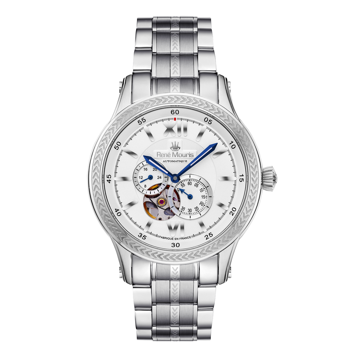 René Mouris Corona 70106RM1 men's automatic watch, silver with white dial and steel bracelet – front view