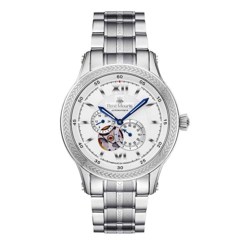 René Mouris Corona 70106RM1 men's automatic watch, silver with white dial and steel bracelet – front view