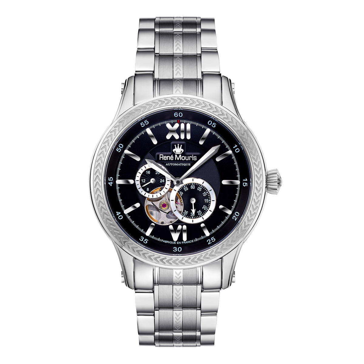 René Mouris Corona 70106RM2 men's automatic watch, silver with black dial and steel bracelet – front view
