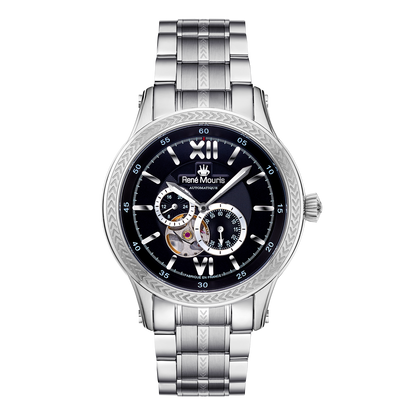 René Mouris Corona 70106RM2 men's automatic watch, silver with black dial and steel bracelet – front view