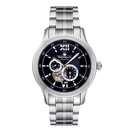 René Mouris Corona 70106RM2 men's automatic watch, silver with black dial and steel bracelet – front view