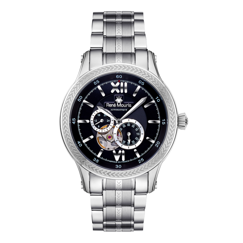 René Mouris Corona 70106RM2 men's automatic watch, silver with black dial and steel bracelet – front view