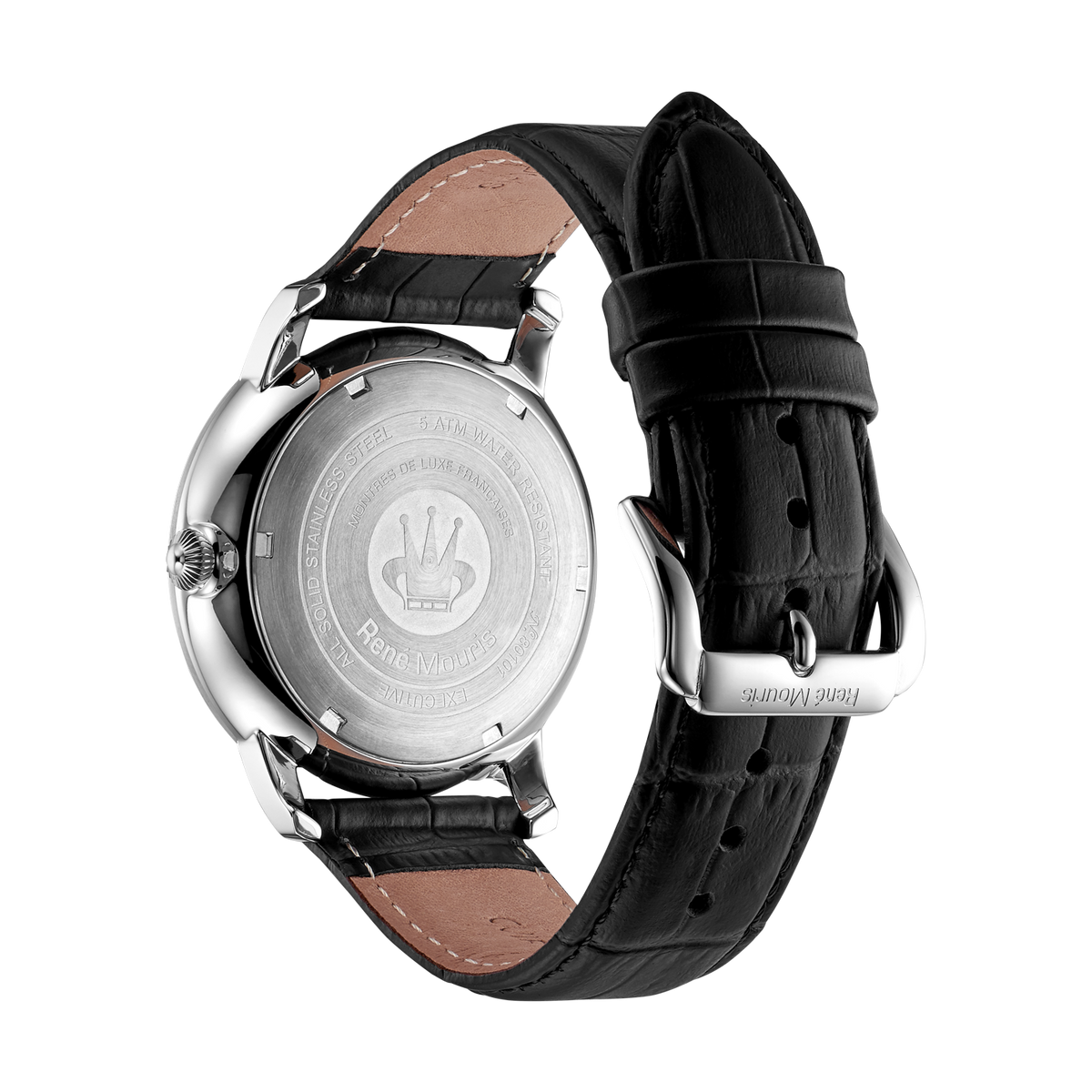 René Mouris Executive 80101RM2 men's watch, silver, white dial, black leather strap – case back