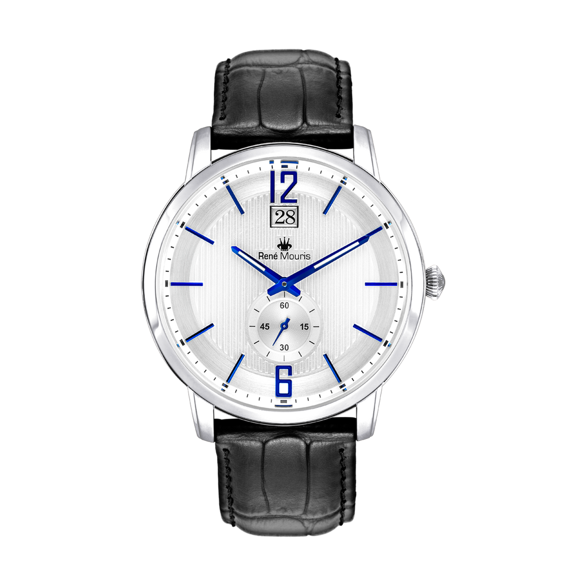 René Mouris Executive 80101RM2 men's watch, silver, white dial, black leather strap – front view