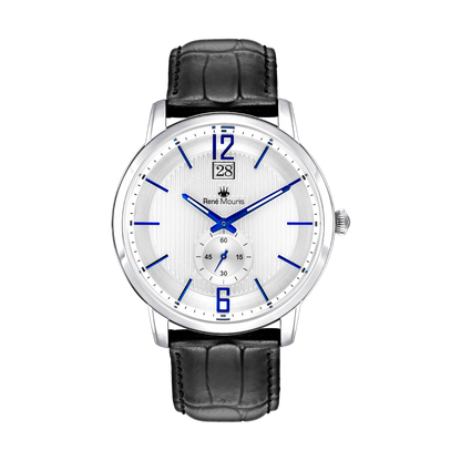 René Mouris Executive 80101RM2 men's watch, silver, white dial, black leather strap – front view
