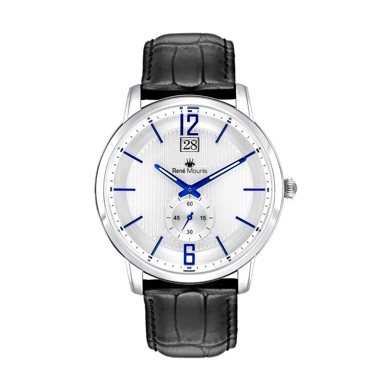René Mouris Executive 80101RM2 men's watch, silver, white dial, black leather strap – front view
