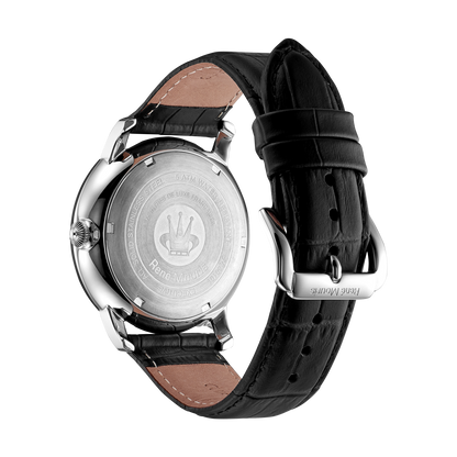 René Mouris Executive 80101RM3 men's quartz watch, silver with cream dial and black leather strap – case back