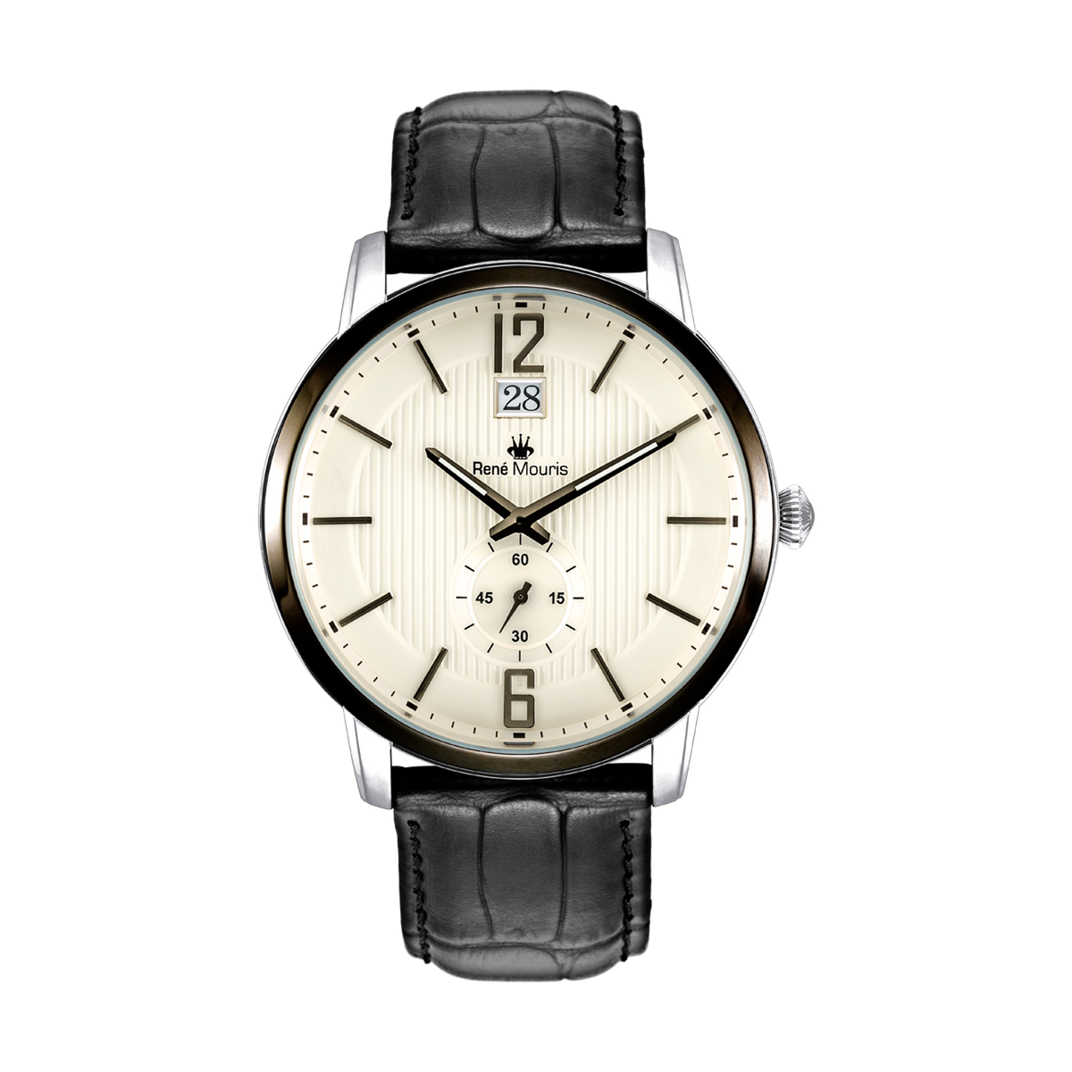 René Mouris Executive 80101RM3 men's quartz watch, silver with cream dial and black leather strap – front view