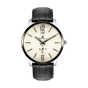 René Mouris Executive 80101RM3 men's quartz watch, silver with cream dial and black leather strap – front view