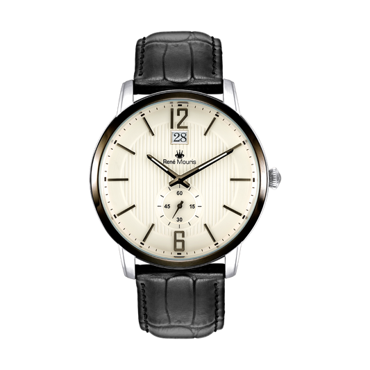 René Mouris Executive 80101RM3 men's quartz watch, silver with cream dial and black leather strap – front view