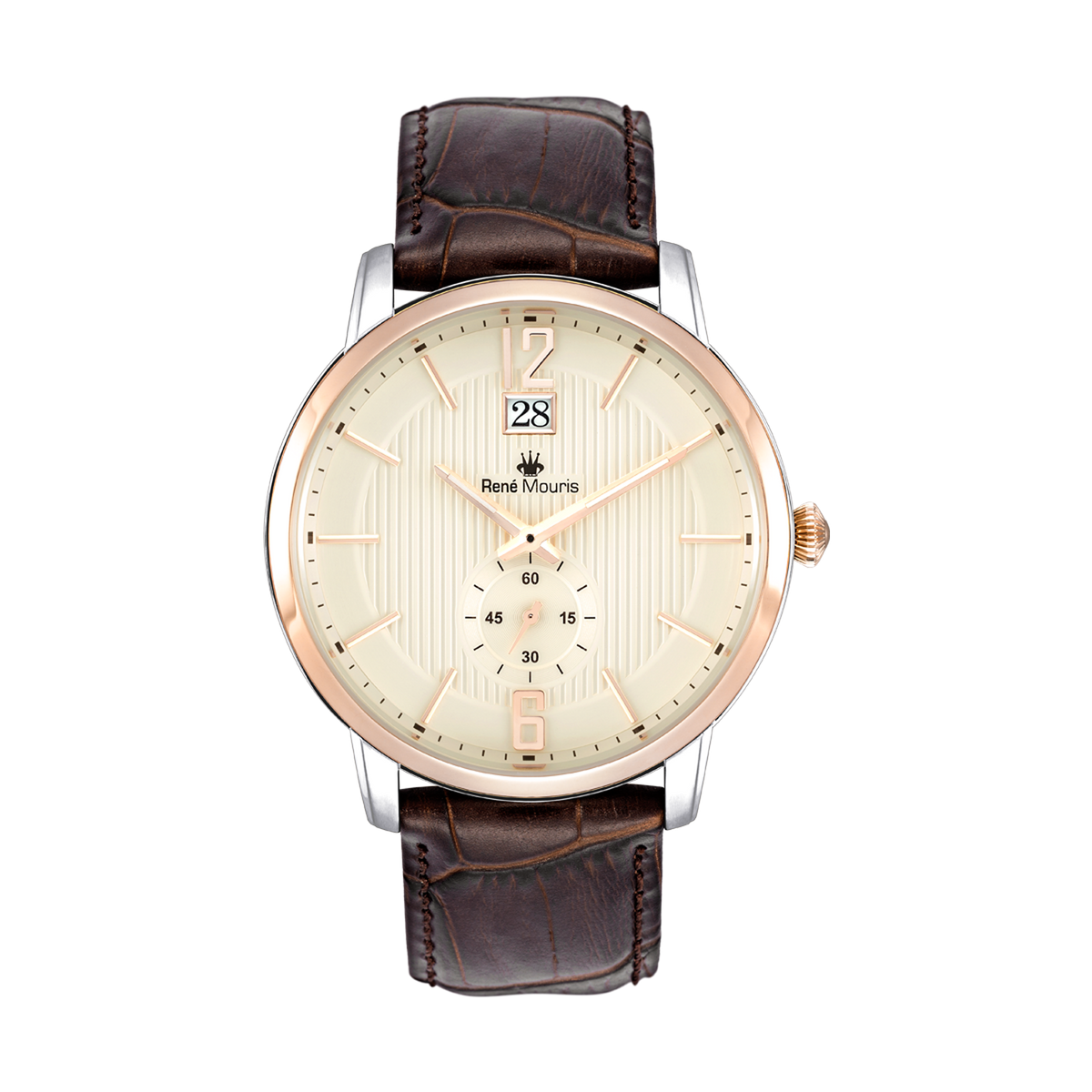 René Mouris Executive 80101RM4 men's watch, rose gold, cream dial, brown leather strap – front view