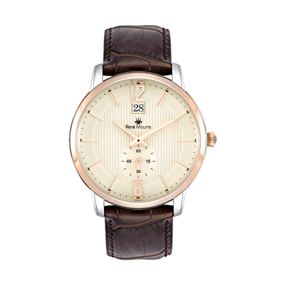 René Mouris Executive 80101RM4 men's watch, rose gold, cream dial, brown leather strap – front view
