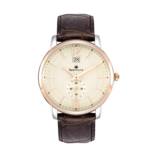 René Mouris Executive 80101RM4 men's watch, rose gold, cream dial, brown leather strap – front view