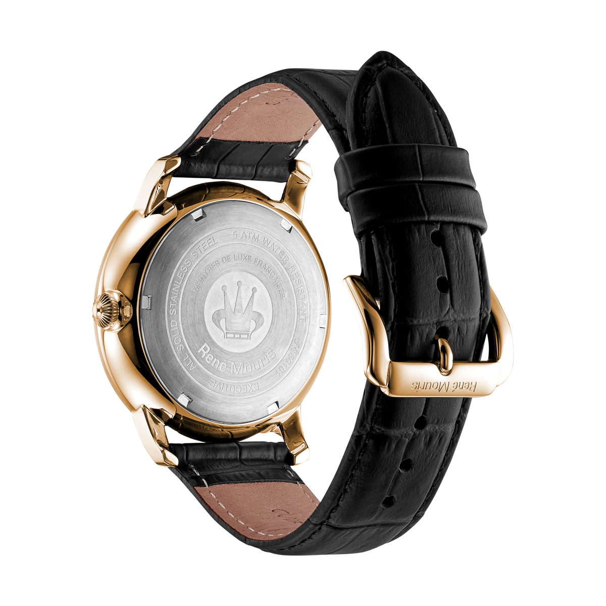 René Mouris Executive 80101RM5 men's watch, rose gold, black dial, black leather strap – case back