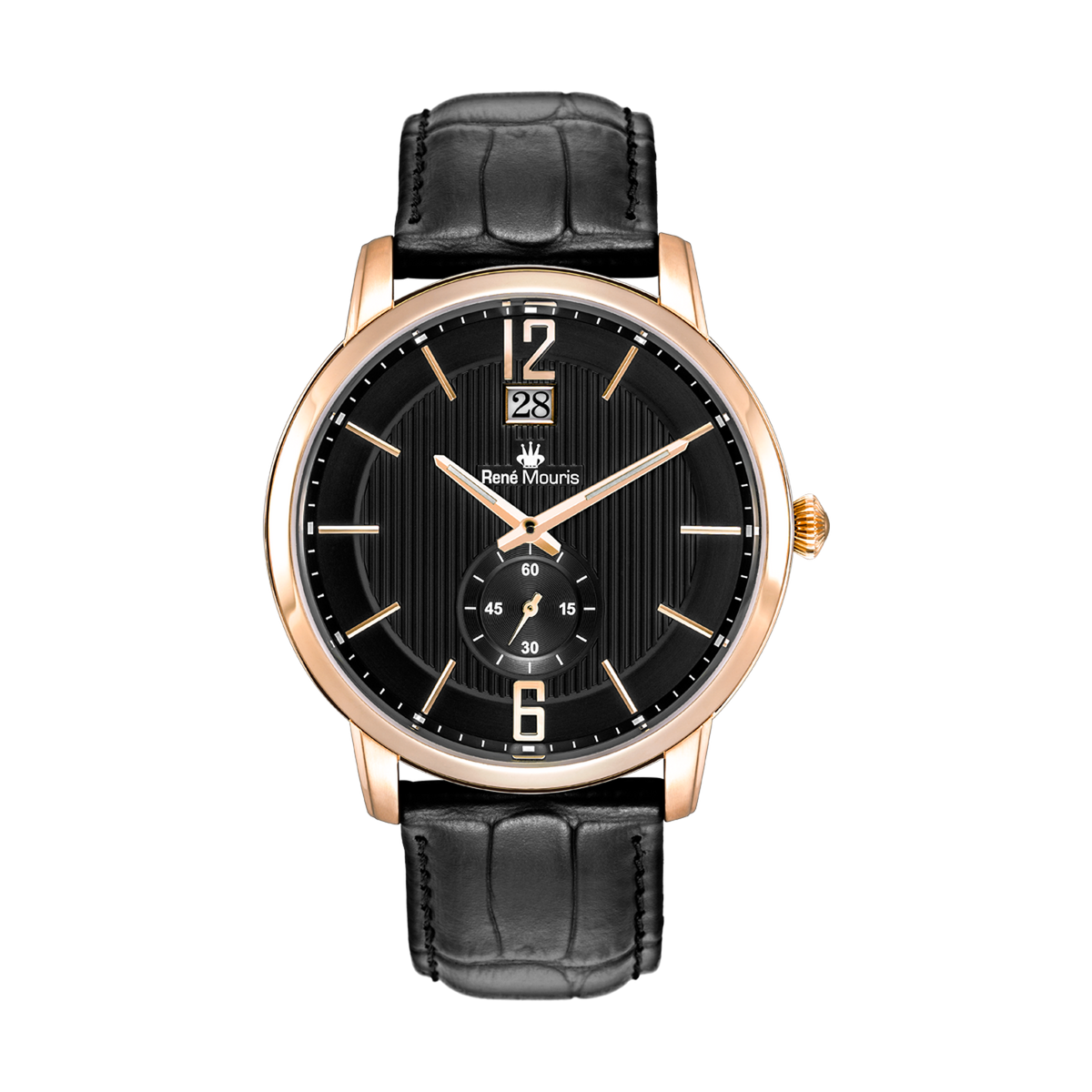 René Mouris Executive 80101RM5 men's watch, rose gold, black dial, black leather strap – front view