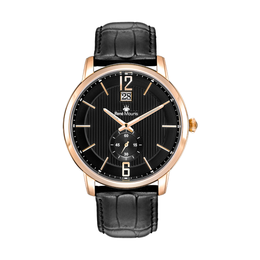 René Mouris Executive 80101RM5 men's watch, rose gold, black dial, black leather strap – front view