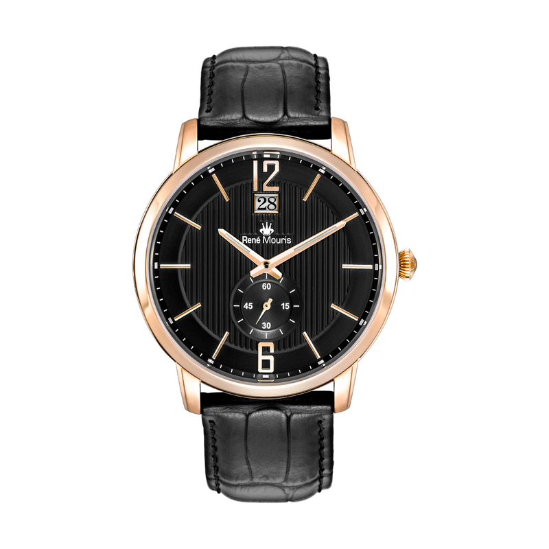 René Mouris Executive 80101RM5 men's watch, rose gold, black dial, black leather strap – front view