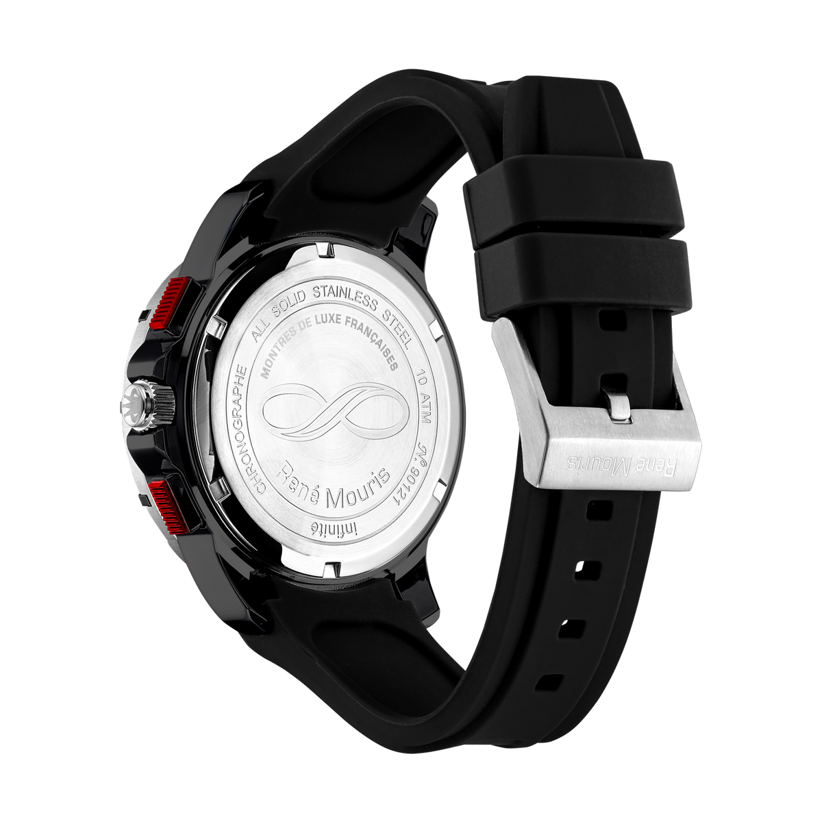 René Mouris Infinité 90121RM1 men's watch, silver, black dial, black silicone strap – case back
